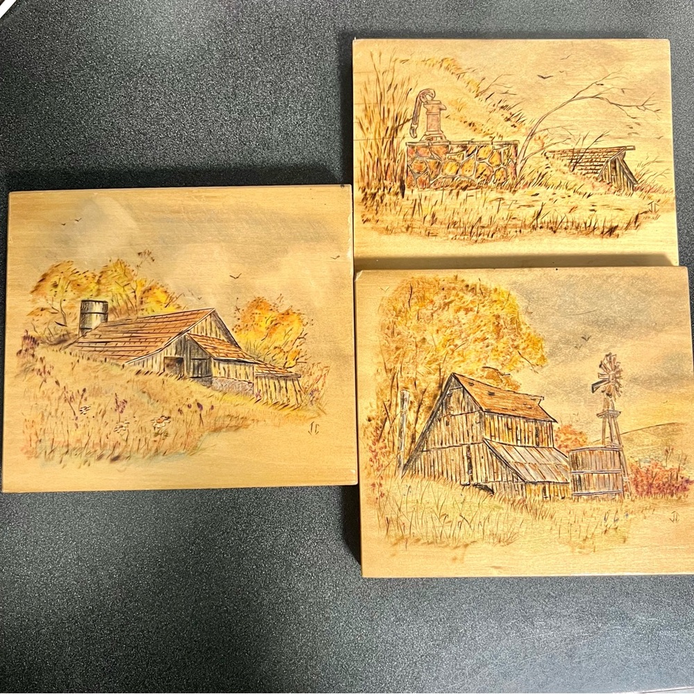 3 Midwestern Farm Carved Wood Artwork Pieces with Hanging Hardware